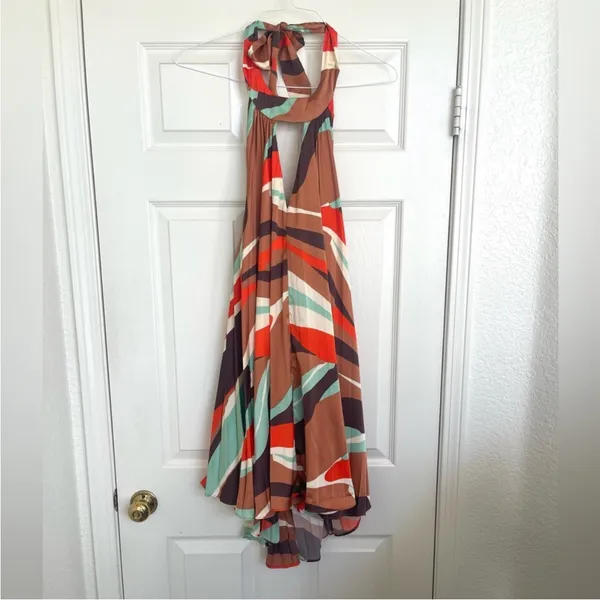 Anthropologie Hutch Halter‎ Pleated Swing Mini Dress Orange Blue Brown M NWT - Image 4