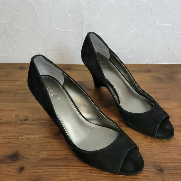 Loft Womens Shoes Size 8M Black Leather Slip-On Peep Toes Velvet Wedge Heels - Image 7