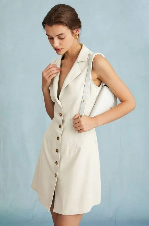 Rihoas Beige Lapel Button-up Sleeveless Mini Dress - Image 2
