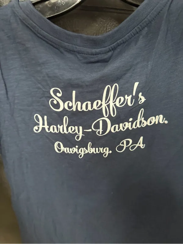 Schaeffer’s Harley-Davidson Navy Graphic Tee - White & Red Logo size xs - Image 4