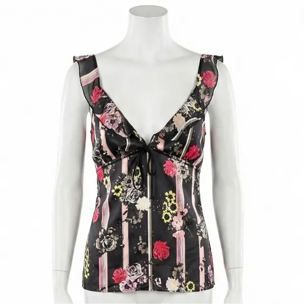 Victoria's Secret Floral Stripe Ruffle Cami Tie Front Satin Camisole Lingerie L - Image 4