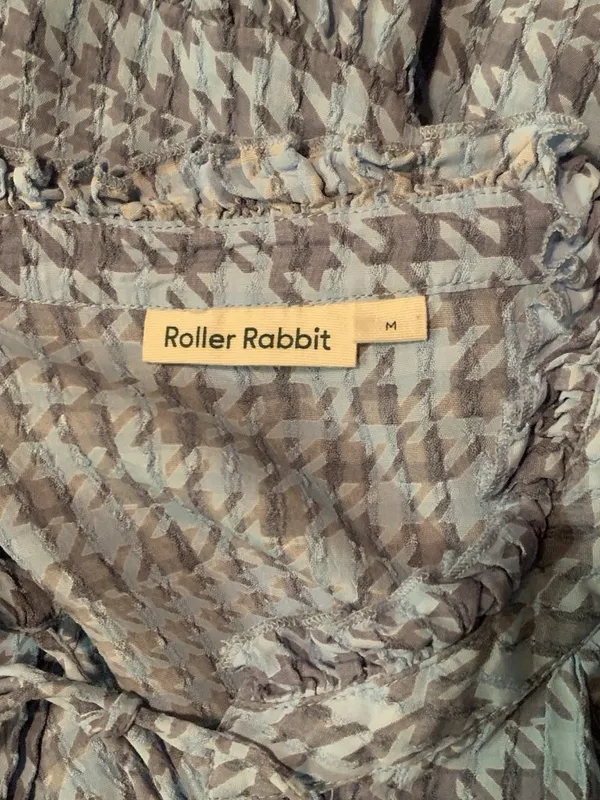 Roller Rabbit Top M Blue Gray Muted Houndstooth Print Tie Detail Long Sleeve - Image 3