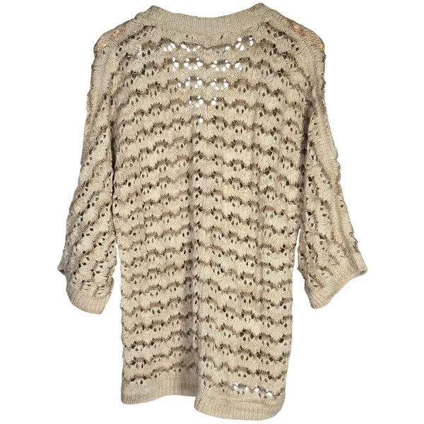 Charter Club Wool Blend Beige Brown Crochet‎ Knit Cardigan Sweater L 3/4 Sleeve - Image 2