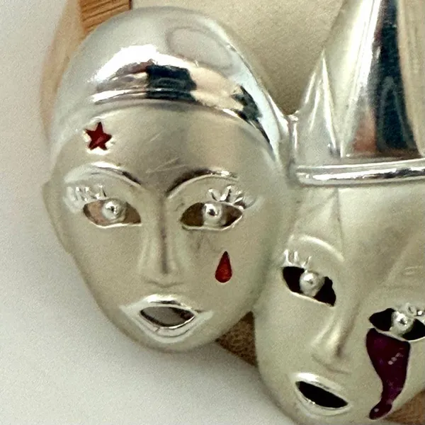 Vintage Silver Tone Triple Clown Theater Mask Enamel Brooch - Image 5