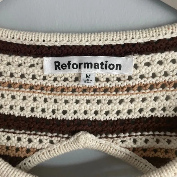 Reformation Pesca Crochet Dress Striped Brown Cream Cutout Fringe size M Boho - Image 2