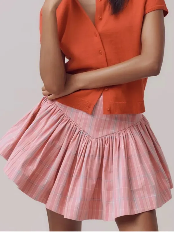 Maeve X-Large Skirt Anthropologie Basque Waist Flirty Mini Pink Combo plaid NWT - Image 2