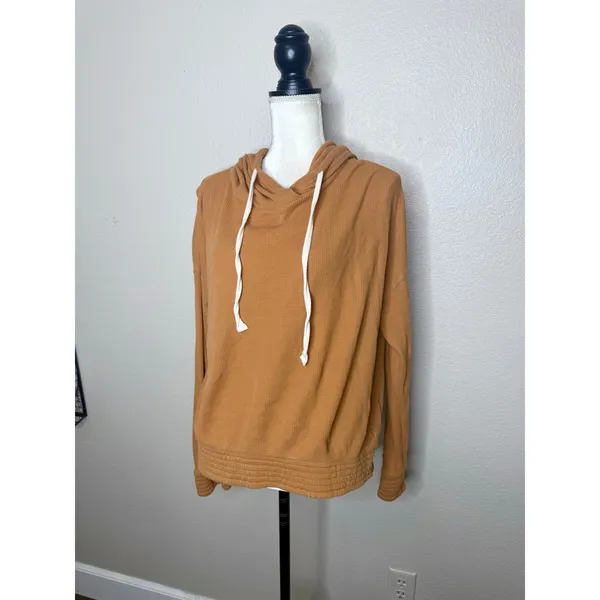 PACT Women's L Organic Cotton Pullover Lite Waffle Hoodie Knit Sweater Camel - Image 6