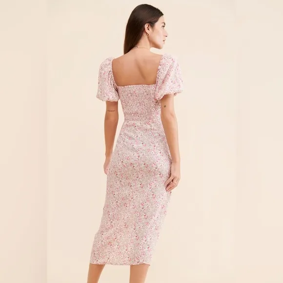 Astr The Label Puff Sleeve Front Slit Midi Dress In Pink‎ Multi Ditsy Size Large - Image 2