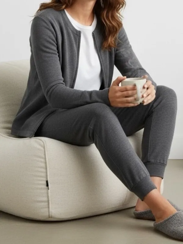 Lands End gray Cotten blend Zip Crew Cardigan loungewear basic minimalist active - Image 4