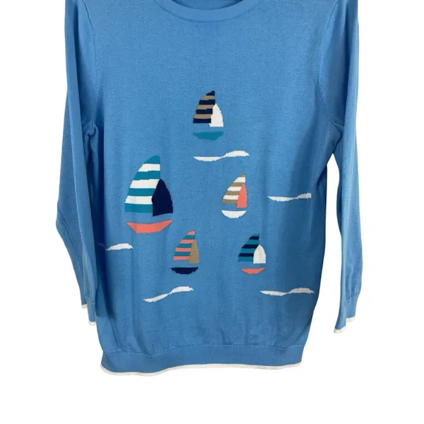 Lands End Supima Cotton Sweater Small Blue Sailboat Nautical Coastal Preppy - Image 3