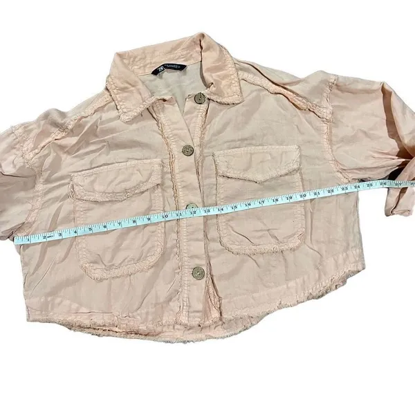 Zara Cropped Linen‎ Blend Jacket Peach Pink Frayed Raw Hem Utility sz M - Image 7