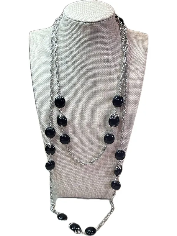 INC International Concepts Vintage Y2K Long Silver Tone Rope Chain Black Cabocho - Image 4