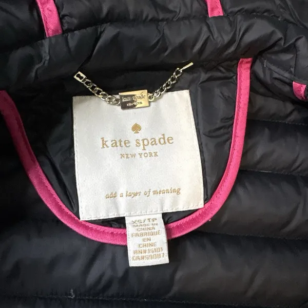 Kate Spade New York Quilted Puffer Jacket Ivory Black Trim Pearl Buttons XSMALL - Image 3