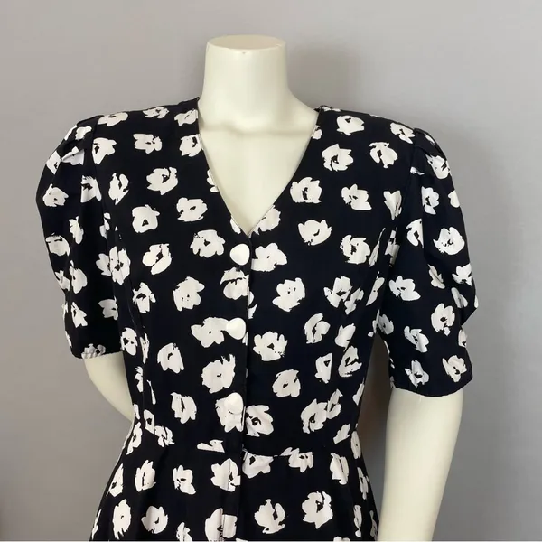 Vintage‎ Dress Floral Party Puffed Sleeves 1980s Flared Skirt Princess Seams - Image 4
