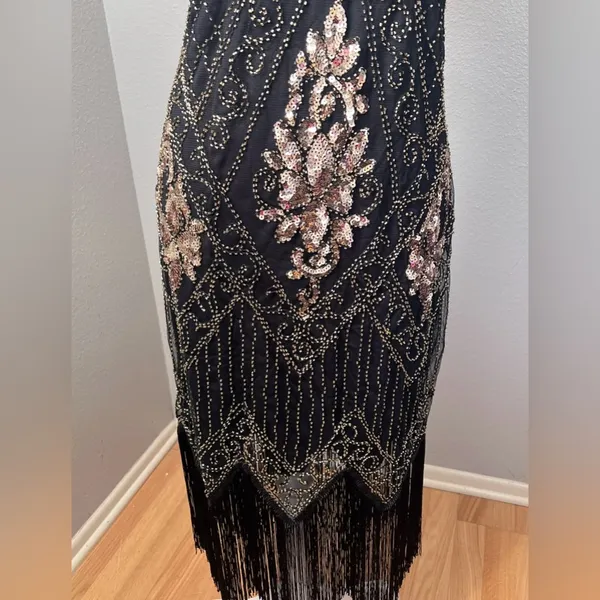 #10 Vintage-Inspired Black Beaded Flapper Dress with Fringe-Large/Size 14 - Image 6