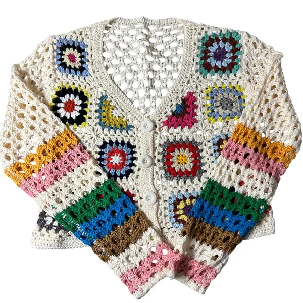 Shein Crochet Cardigan Womens Multicolor S SunnyBelle Button Long‎ Sleeve V Neck - Image 4