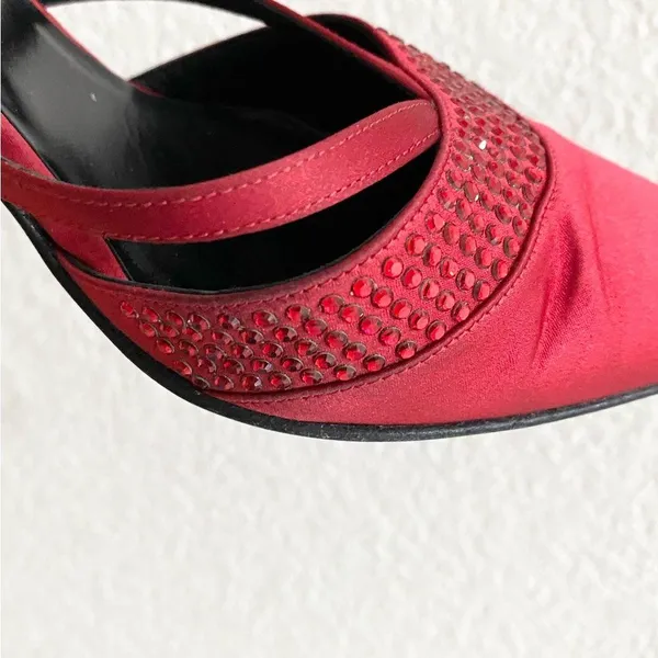 Vintage ESCADA Red Satin Embellished Pointy Toe Sling Back High Heels Pump 37 - Image 10