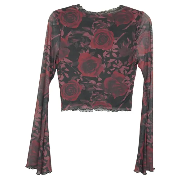 Cosmic Aura Red Rose Floral Mesh Crop Top Lace Trim Bell Sleeve Y2K Gothic Sheer - Image 6