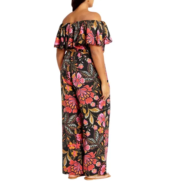 NWT City Chic Floral Print Off The Shoulder Jumpsuit Pink Black Orange Size 14 - Image 3