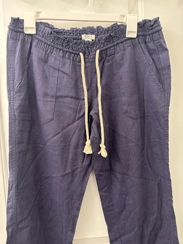 Roxy Oceanside Navy Blue Linen Drawstring Flare Pants Size L - Image 4