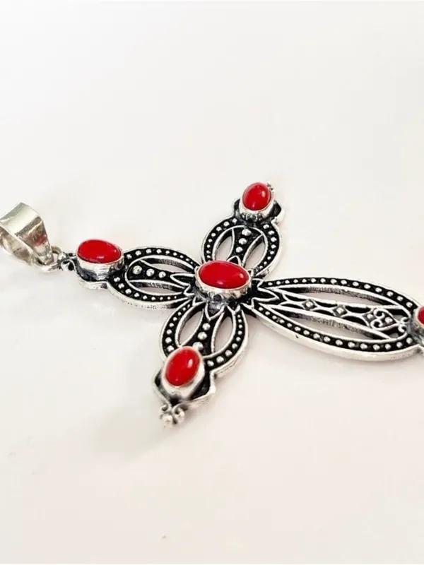 925 Sterling Silver Coral Cross Necklace Gemstone womens jewerly - Image 4