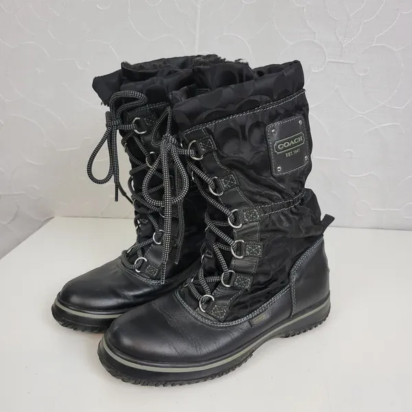 Coach Shaine Boots 5.5 Womens Black Leather Lace Up Round Toe Signature Logo - Image 2