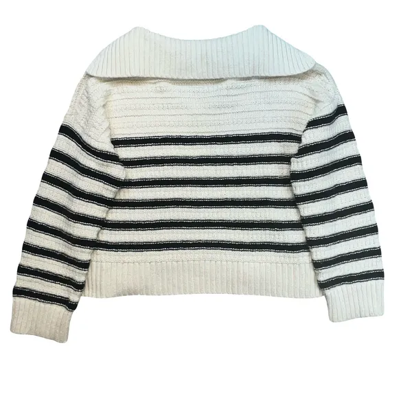 Faherty Women's Organic Cotton Ivory Striped Cropped Sailor Collar Sweater XL - Image 2