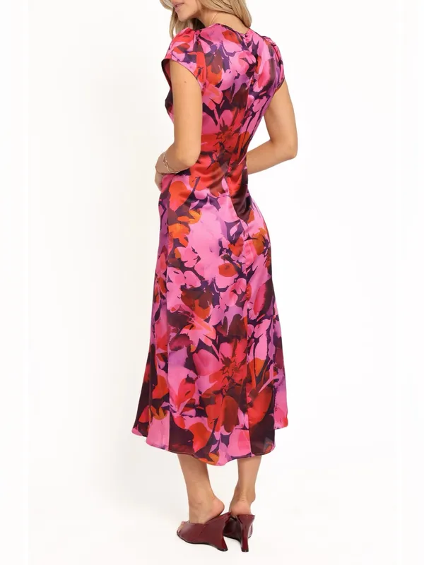 NEW Petal + Pup Lisbeth Cap Sleeve Satin Midi Dress in Magenta Floral - Size S - Image 2