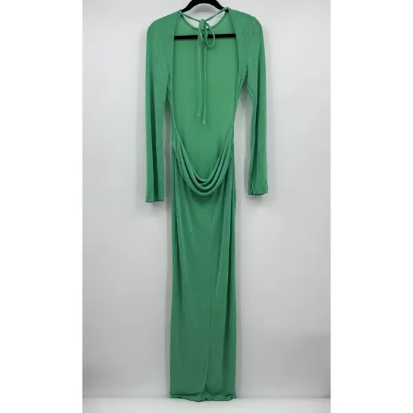 Dramatic Cowl-Neck Draped Back Maxi Dress Medium Green Long Sleeve Formal Sexy - Image 4
