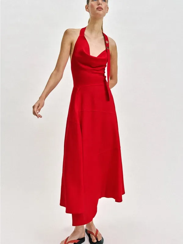 Zara Red Linen Blend Halter Midi Dress Size S Cowl Neck Tortoiseshell Buttons - Image 2