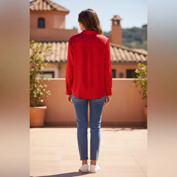 NWT A new day ong Sleeve Collared Satin Button Down Shirt Scarlet Red. XS - Image 3
