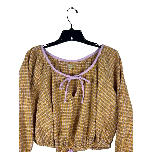 Free EST Free People Boho Mustard Plaid Blouse Peasant Top Balloon Sleeve Tie - Image 2