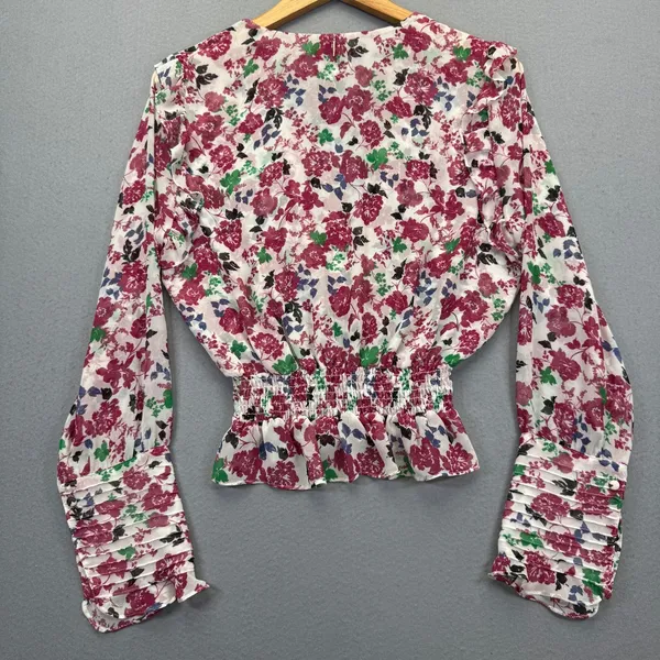 MISA Los Angeles Floral Smocked Peplum Top Pink‎ White V-Neck Long Sleeve Medium - Image 9