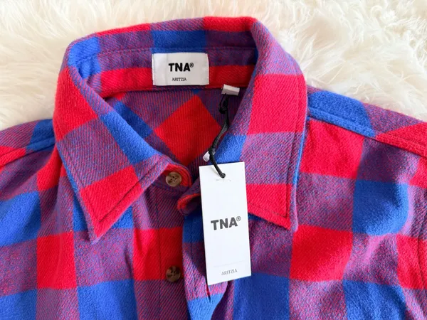 TNA Aritzia Red and Blue Plaid Flannel Shirt 2XS - Image 2