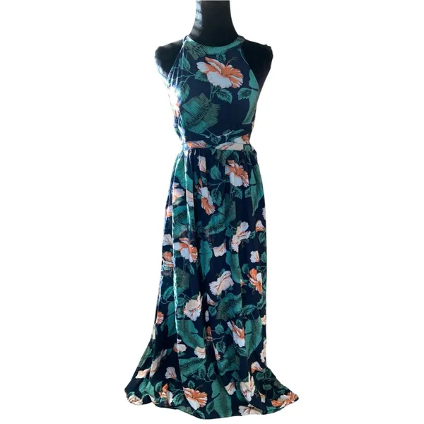 Lulu's Navy Tropical Floral Maxi Dress Crisscross Back Wedding Garden Party M - Image 3