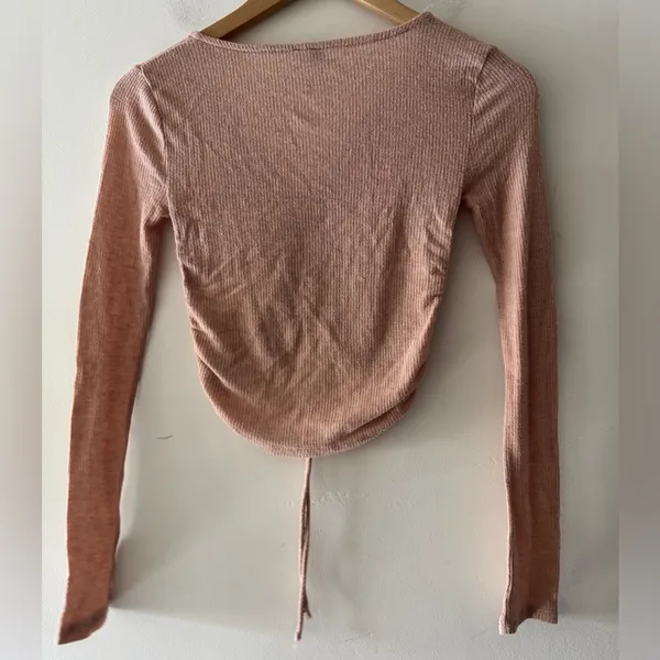 Urban Outfitters Out From Under Light Pink Ribbed Cinched Crop Long‎ Sleeve Top - Image 4