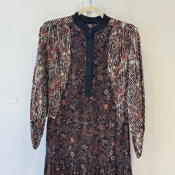 Warm NY Mixed Print Silk Viscose Midi Dress Brown Floral Stripe Size 0 Boho Fall - Image 3
