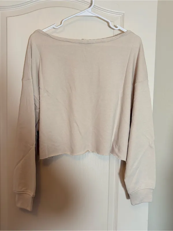 Zenana Cropped Raw Edge Boat Neck Sweatshirt Top Size Large Tan - Image 2