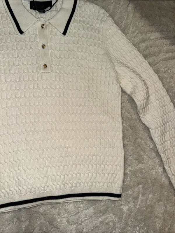 NWOT Zara Cream Knit V-Neck Polo Sweater with Black Trim - Image 3