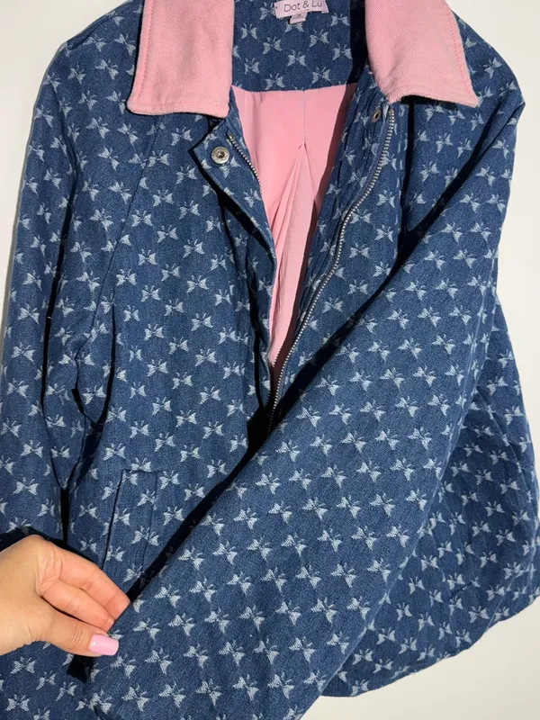 Anthropologie Dot & Lu Quilted Blue Floral Jacket Pink Collar Missing Zipper - Image 9