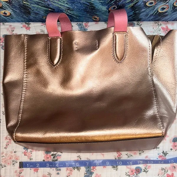 Coach Rose Gold Metallic Tote Bag with Pink Canvas Straps - Image 13