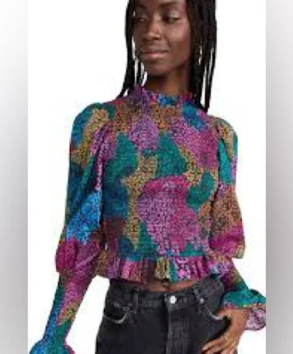 Farm Rio Women's Rainbow Mix Printed Mock Neck Crop Top || small - Image 3