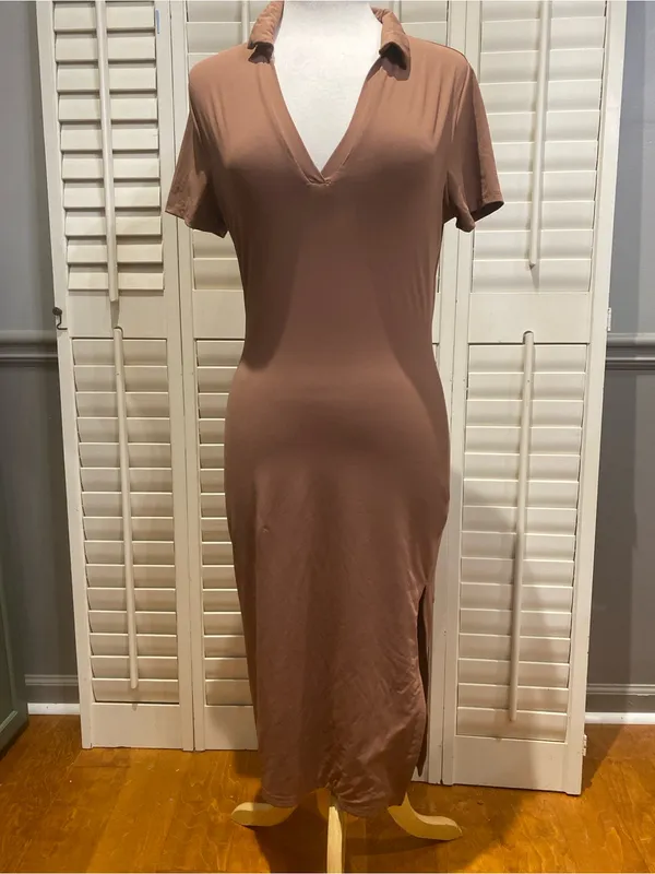 Haute Monde Chocolate Brown Polo Collar Maxi Dress - Image 3