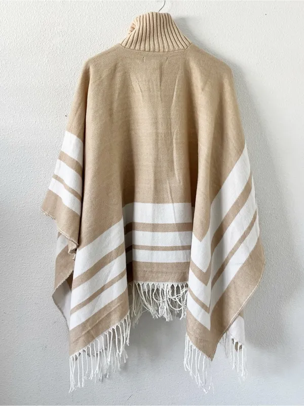 Marc New York Ivory Tan Oversized Gold Zip Up Fringe Hem Poncho - Image 10