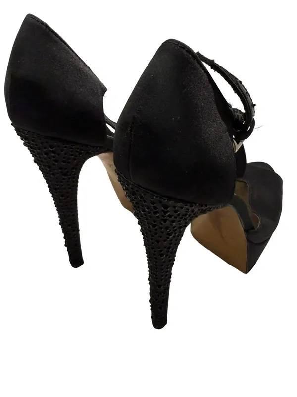 H by Halston Black Satin Peep-Toe Platform Heels Ankle Straps with rhinestones - Image 3