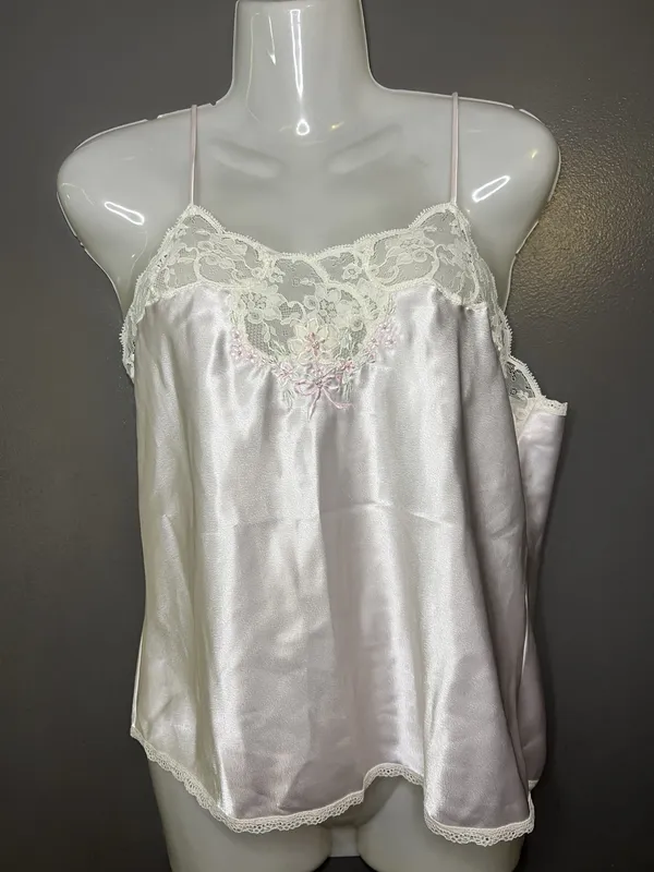 Amanda's Closet Camisole Tank Top Womens Medium Pink Satin Lace Embroidered - Image 2