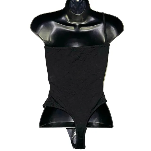 NWT PrettyLittleThing Black One-Shoulder Bodysuit Jersey‎ Knit Asymmetrical 4 - Image 2