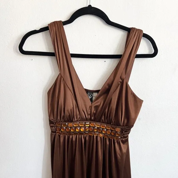 Windsor Brown Beaded Babydoll Dress, Y2K, Boho, Vintage, Retro, Elegant, Formal, Medium‎ - Image 3