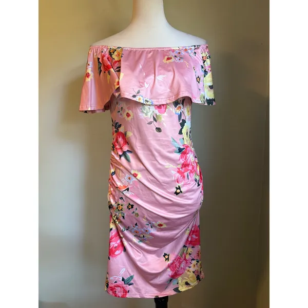 Pink Floral Off Shoulder Ruffle Ruched Bodycon Dress M boho Y2K whimsi dainty re - Image 2