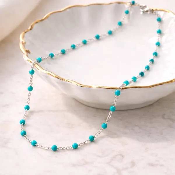 Necklace - 16” Stainless Steel Silver tone with turquoise color Bead Accents - Image 3